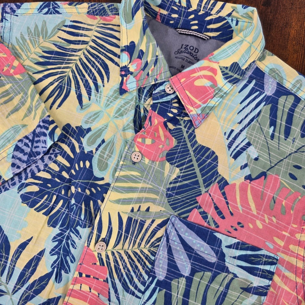 IZOD Saltwater Tropical Leaf Button Down Shirt‎ Mens Medium Multicolor Floral